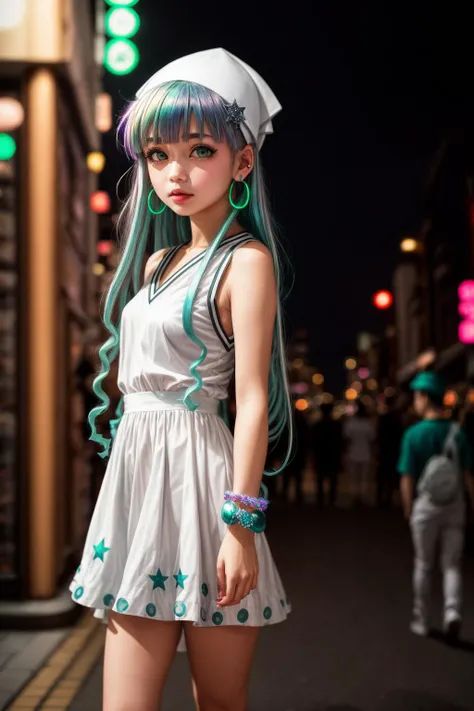 goth_punk, ikamusume, 1girl, solo, full body shot, walking in harajuku, ((night time)), bokeh, neon light, iridescent eyes, starry sky, white hair, white eyebrow, earrings, bangs, jewelry, blunt bangs, green eyes, blurry background, blurry, hair ornament, ...