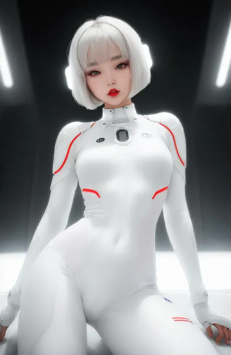 (1girl), (full body), (white futuristic sci-fi bodysuit), Beautiful Korean woman, kpop idol, (Cute Loose Bob hairstyle), symmetrical eyes, realistic, sharp focus, HD, highly detailed, intricate, photography, hyperrealism, hyperrealistic, film, studio portr...