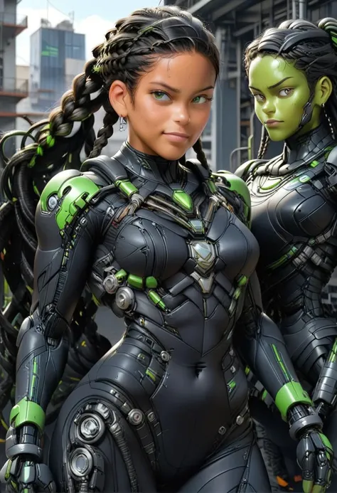 ((best quality)), ((masterpiece)), ((detailxl)), (full body image) 1girl, solo, (PR, Latina, black hair, braided hair, tan-skin, fit body) green eyes, smirk, revealing mecha bodysuit, high-tech headquarters, detailed background,