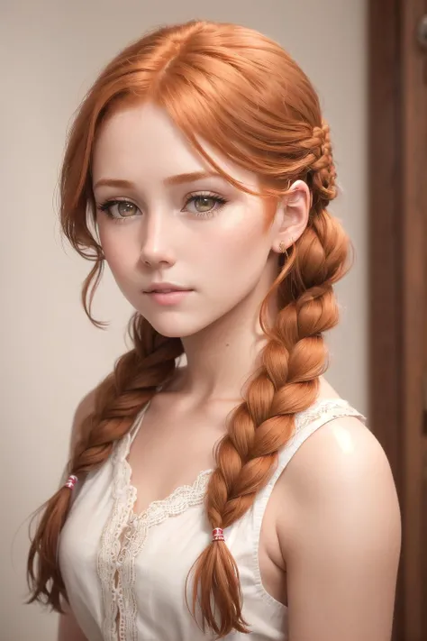 detailed, realistic,
a girl, ginger hair,
single braid, long braid, French braid, braid over shoulder