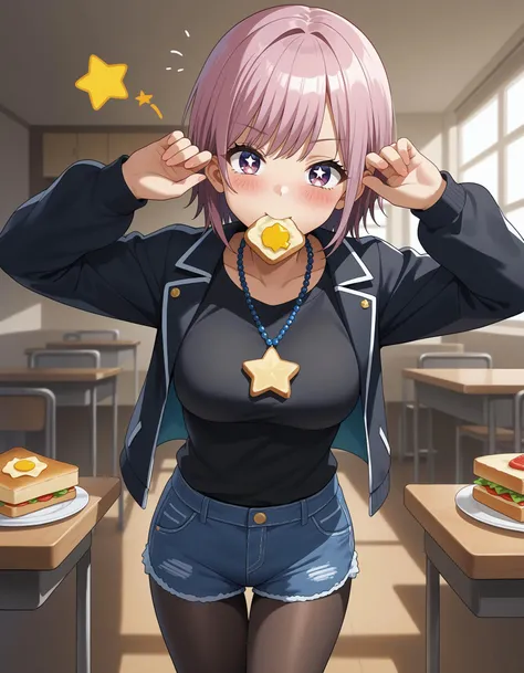 (masterpiece), best quality, expressive eyes, perfect face, food in mouth,food, pantyhose,  toast in mouth, jacket, mouth hold, toast, shirt, shorts, breasts, long sleeves, black jacket, blush, black shirt, star (symbol), denim, necklace, bangs, weronika, ...