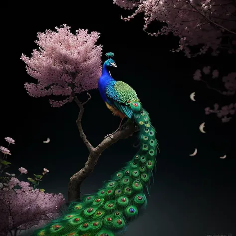 A peacock stands on a tree, with flowers of various colors blooming next to it. CGI art, ultra realistic peacock, ((long tail)), ((tail feathers composed of flowers)), peacock with open screen,  pinterest, realistic art style, (surrealist style), rich colo...