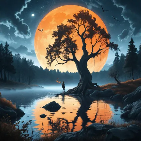 This (captivating realistic photograph:1.125) depicts a surreal scene with a woman in the water surrounded with the darkness. solo,long hair,1woman,holding,very long hair,standing,outdoors,artist name,signature,water,from behind,tree,night,glowing,moon,bug...