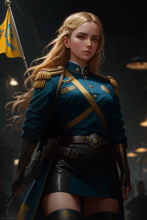 modelshoot style, (extremely detailed CG unity 8k wallpaper, hasselblad award winner), beautiful detailed portrait of a young blonde female, beautiful sports girl in the militia uniform of the Ukraine, serious look, stands in a defiant pose, provocative do...