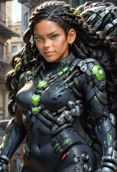 ((best quality)), ((oil painting)), ((masterpiece)), ((detailxl)), (full body image) mature female (PR, Latina, black hair, braided hair, tan-skin, fit body) green eyes, smirk, revealing mecha bodysuit, high-tech headquarters, detailed background,