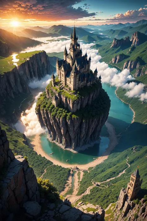 A forbidden castle high up in the mountains, Waterfalls,pixel art, (intricate details:1.12), hdr, (intricate details, hyperdetailed:1.15), (natural skin texture, hyperrealism, soft light, sharp:1.2), game art, key visual, surreal