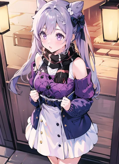 1girl, from above, standing, looking at viewer, full body,
<lora:keqingGenshinImpact3in1_v10:1:MIDD>keqing (lantern rite) (genshin impact), keqing (genshin impact),
hair bun, skirt, scarf, purple sweater, white skirt, purple hair, sweater, twintails, purpl...