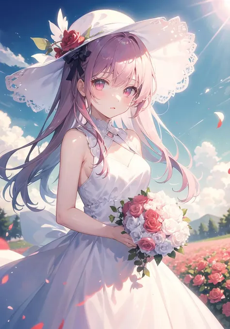 anime girl in a wedding dress and hat holding a bouquet