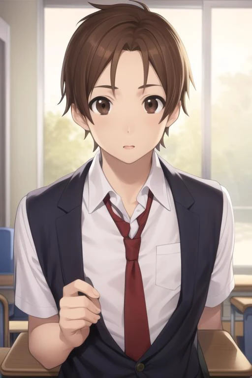 masterpiece, best quality, high quality, 1boy, solo, male focus, looking at viewer, upper body, <lora:taichi_yaegashi:0.66>, taichi_yaegashi, brown hair, brown eyes, realistic, school uniform