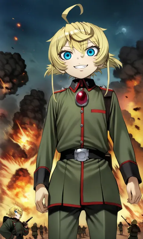 (solo:1.1), (1girl:1.1), tanyadegurechaff, blue eyes, blonde hair, pointy hair, ahoge, 
red gem, military uniform, green clothes, 
standing, looking at viewer, straight-on, crazy eyes, crazy smile, 
battlefield, war, night, explosions, fire, sky, 
masterpi...