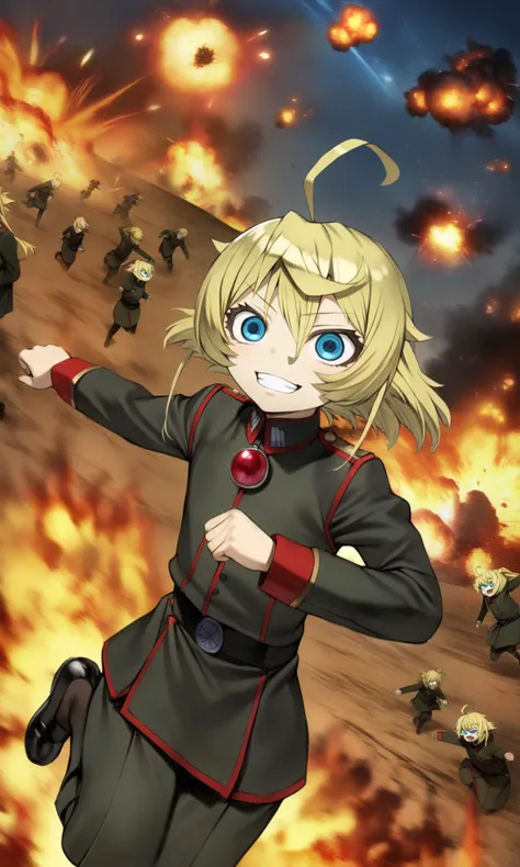 a woman in uniform standing in front of a bunch of fire