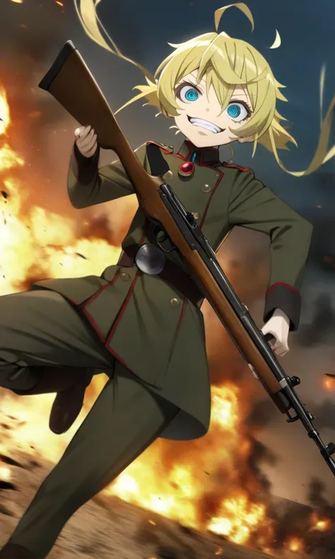 a woman in uniform holding a rifle and a rifle in front of a fire