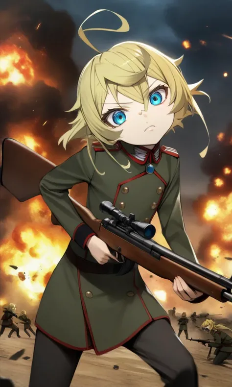 a woman in uniform holding a rifle in front of a bunch of soldiers