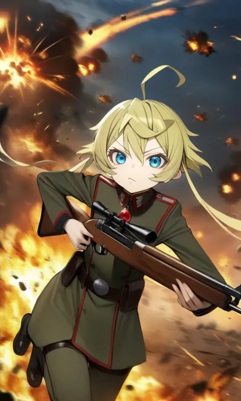 a woman in a green uniform holding a rifle in front of a fire