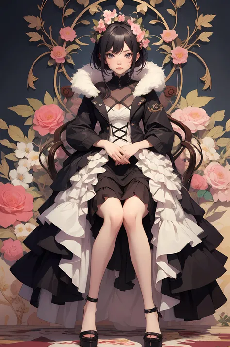 there is a woman sitting on a floral wallpaper with her legs crossed, anime style mixed with fujifilm, anime character; full body art, anime aesthetic, seductive anime girl, anime style 4 k, best anime 4k konachan wallpaper, artwork in the style of guweiz,...