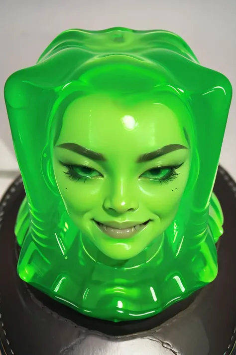 a close up of a green plastic head on a black plate