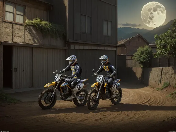 two people on motorcycles are riding down a dirt road