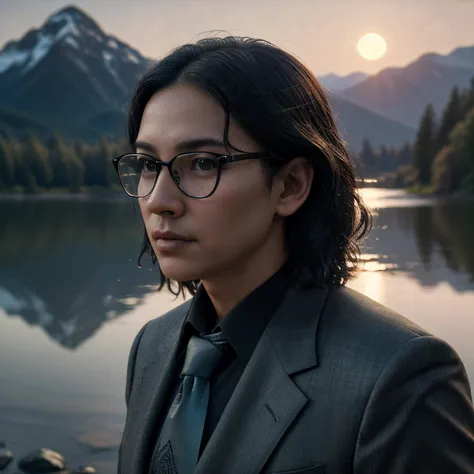 there is a woman in a suit and tie standing by a lake