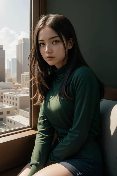 a woman sitting on a couch looking out a window