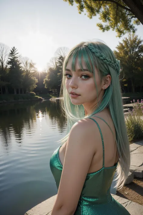 arafed woman with green hair and braids posing by a lake