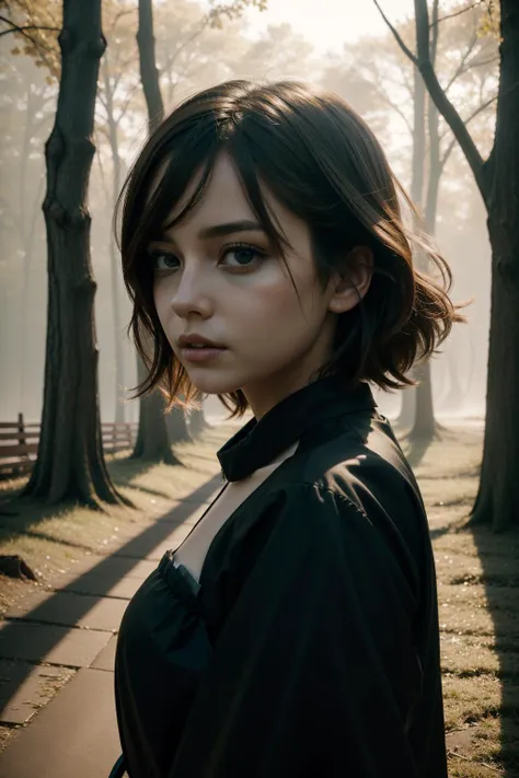 a woman standing in a park with trees and a bench