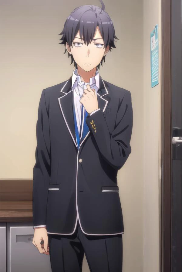 hachimanhikigaya, <lora:hachiman hikigaya s3-lora-nochekaiser:1>,
hachiman hikigaya, black hair, ahoge, male focus, (black eyes:1.5),
BREAK shirt, school uniform, jacket, white shirt, collared shirt, pants, open jacket, black jacket, black pants, blazer, s...