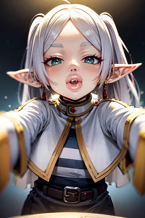 masterpiece, best quality, ultra-detailed, glowing light, (detailed background, complex background:1.2), (perfect face, detailed face), full-face blush, parted lips, <lora:frieren-10:1>, frieren, 1girl, long hair, pointy ears, twintails, jewelry, elf, earr...