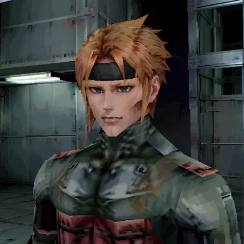 close shot portrait of <lora:ps1style:0.8>  cloud strife in metal gear solid SCP, low poly,  containment breach, (ps1 style), (game screenshot), (computer generated image)