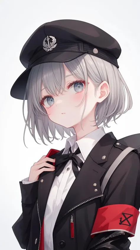 anime girl in uniform with a black hat and red tie