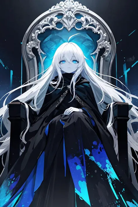 a woman sitting on a throne with long white hair