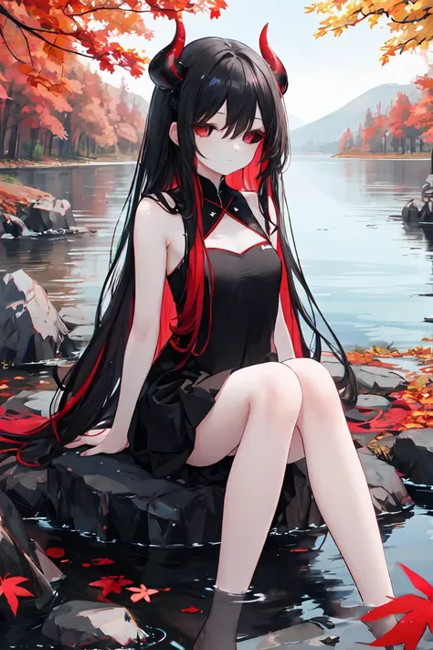 anime girl sitting on a rock in a river with red leaves