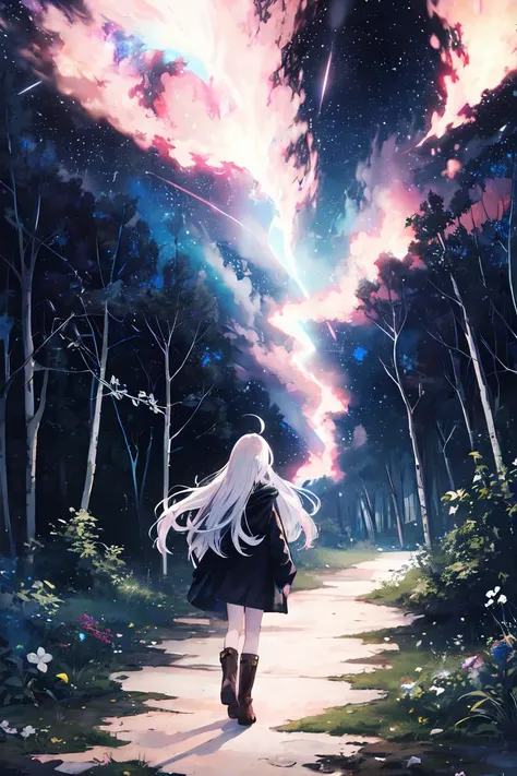 high quality wallpaper, official wallpaper, masterpiece, best quality, 8k, from above, (bright colors:0.8), ultra-detailed, illustration, impasto, painting, full body, 1girl, white long hair, ahoge, blue eyes, forest, mystery, mysterious forest, girl inves...