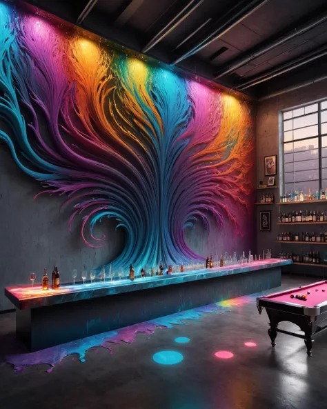 a large mural of a colorful tree on the wall of a bar