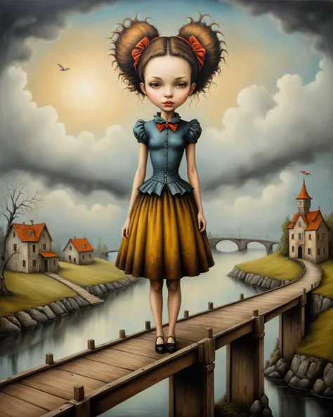 Hyperrealistic art <lora:FF-Style-ESAO-Andrews-LoRA:1> in the style of esao andrews,esao andrews style,esao andrews art,esao andrewsa painting of a girl standing on a bridge, surrealist painting, a surrealist painting, surreal oil on canvas, surrealist oil...