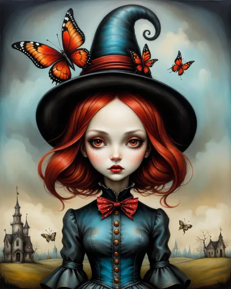 Gothic style <lora:FF-Style-ESAO-Andrews-LoRA:1> in the style of esao andrews,esao andrews style,esao andrews art,esao andrewsa girl with red hair and a wolf in a hat, esao andrews ornate, style of esao andrews, inspired by Esao Andrews, esao andrews, andr...