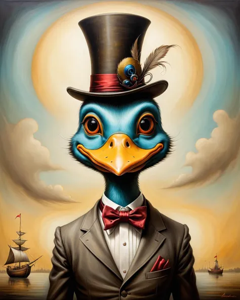 Cubist artwork <lora:FF-Style-ESAO-Andrews-LoRA:1> in the style of esao andrews,esao andrews style,esao andrews art,esao andrewsa painting of a duck with a top hat, fantasy duck concept portrait, inspired by Jacob Duck, quackery, robot duck concept portrai...