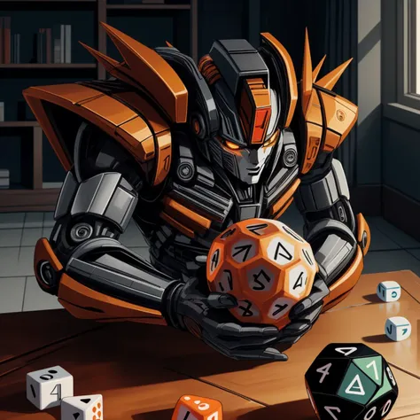 a close up of a robot holding a dice and a dice box