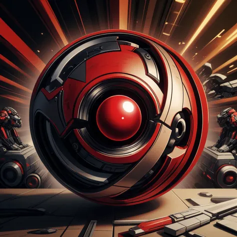 a close up of a red ball with a bunch of guns