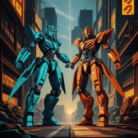 two robots standing in a city street with buildings in the background