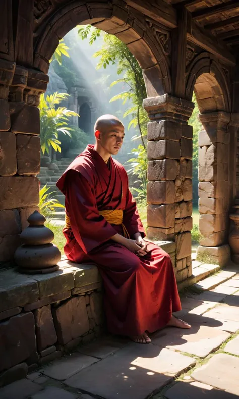 4n1v3rs3, zpdxl2, a monk is wearing a red cassock. the surrounding environment is dim. the young monk sitting on the ground is i...