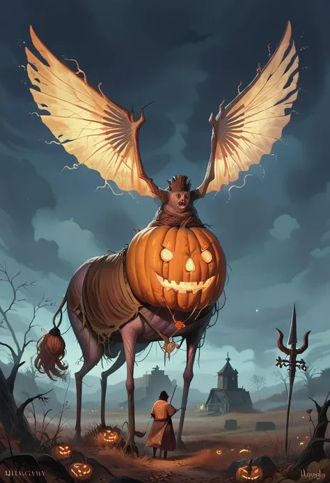 score_9, score_8_up, score_8, ultra detailed, Dark Fantasy Art, Dark Moody Atmosphere, A menacing pumpkin-headed scarecrow looms in a moonlit cornfield, wielding a rusted pitchfork. Eerie orange light flickers within its carved grimace. Tattered robes bill...