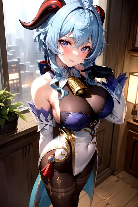 ((night:1.2)),(indoors), (very detailed background), cityscape, before window,
((standing)),facing viewer,  dynamic angle, dynamic pose, 
((blue hair)), ((purple eyes)),short hair, hair between eyes, horns,
ganyudef, ganyu (genshin impact),black gloves, bo...