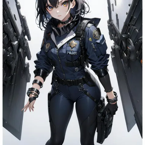 ,1 young cool girl, solo,look at the camera,wear police suit,extremely detailed CG unity 8k wallpaper,illustration,lens 135mm,masterpiece,(bracelet:1.3),(metal collar:1.3),white background,masterpiece,bestquality,masterpiece,best eyes,Standing, black quali...