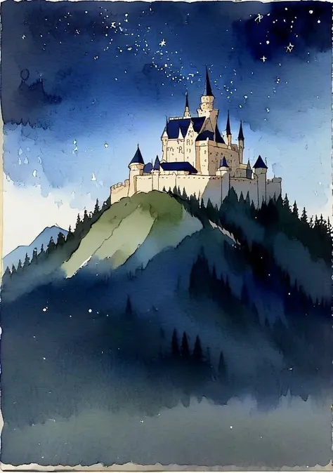 simple watercolor, view of a castle on the top of mountain, under a starry night,