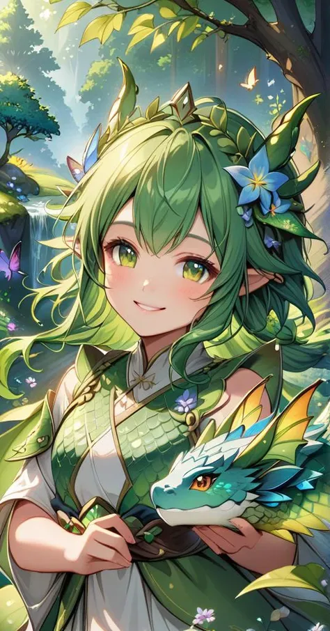 Elements: Flowers, leaves, butterflies, natural textures
Scene: Forests, meadows, flowing streams
Little Dragon Girl: Green dragon scales, floral crown, serene smile