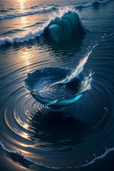 a close up of a bowl in the water with a wave coming out of it