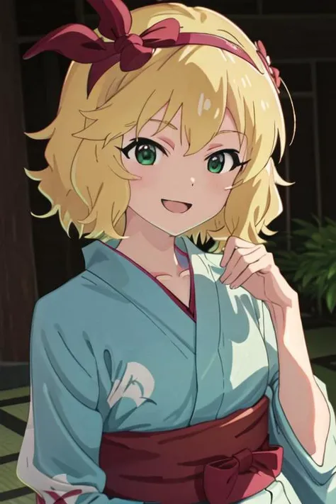 best quality, masterpiece, highres, solo, {yukata:1.40}, {kimono:1.20}, {sakurai_momoka_theidolmastercinderellagirlsu149:1.15}, blonde_hair, hairband, short_hair, green_eyes, bangs, upper_body, smile, bow, open_mouth, wavy_hair