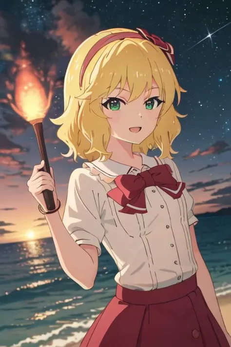 best quality, masterpiece, highres, solo, {night:1.10}, {starry sky:1.10}, beach, beautiful detailed sky, {extremely detailed background:1.20}, {sakurai_momoka_theidolmastercinderellagirlsu149:1.15}, {standing:1.10}, looking at viewer, {bikini:1.30}, blond...