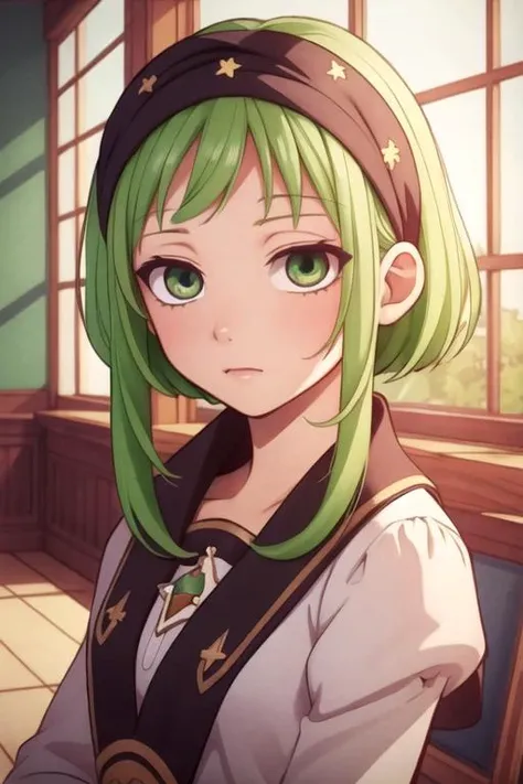 masterpiece, best quality, game cg, 1girl, solo, looking at viewer, upper body, , , , <lora:sakura_nanamine:0.68>, sakura_nanamine, green hair, green eyes, sidelocks, , , headwrap, zoo,