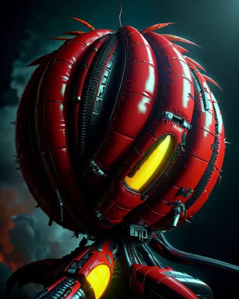 a close up of a red robot with glowing eyes